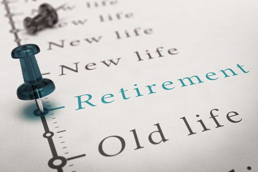 Retirement written on a timeline printed on a paper with a blue pushpin, concept image for changes after work life.