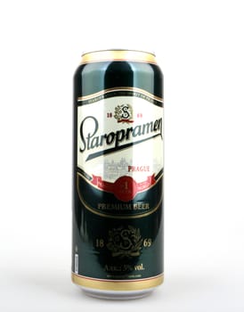 AYTOS, BULGARIA - MARCH 13, 2016: Staropramen isolated on white. Staropramen Brewery is the second largest brewery in the Czech Republic, and is situated in the Smíchov district of Prague.