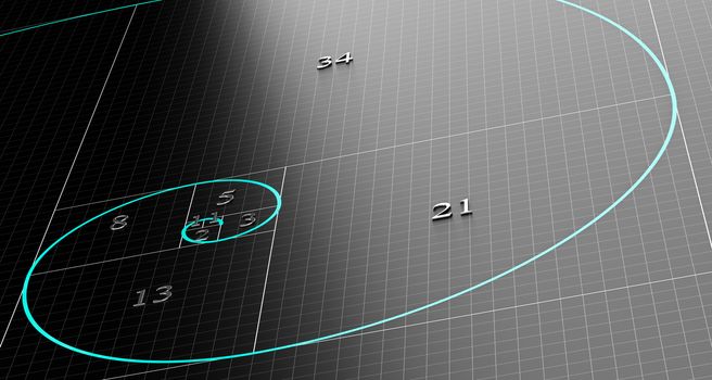 Fibonacci spiral over 3d black background with grid. Science or mathematics concept illustration.