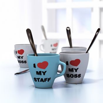 Conceptual 3D render image with depth of field blur effect. Many mugs where it is written I love my staff and my boss, symbol of wellbeign at work and good workplace relationship.
