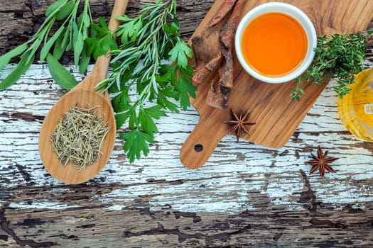 Assortment of herbs rosemary ,thyme,sage and parsley set up with wooden background concept for international cuisine.