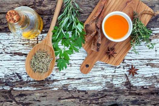 Assortment of herbs rosemary ,thyme,sage and parsley set up with wooden background concept for international cuisine.