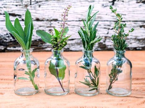Bottle of essential oil with herbs rosemary, sage,holy basil and thyme  set up on old wooden background .