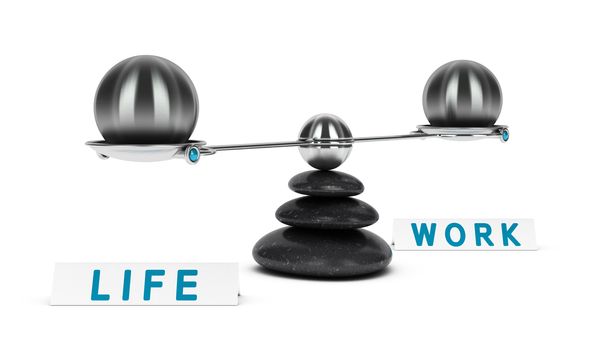 Two spheres with same size on a seesaw over white background, work life balance concept or symbol