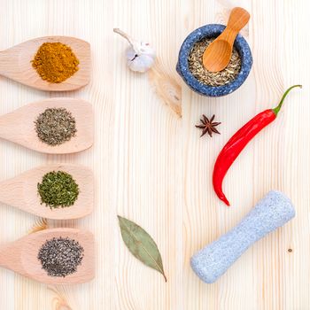 Food Cooking ingredients. Dried Spices herb bay leaves,turmeric,chili,black pepper,fennel,star anise ,garlic ,thyme and oregano with the mortar on rustic wooden background.