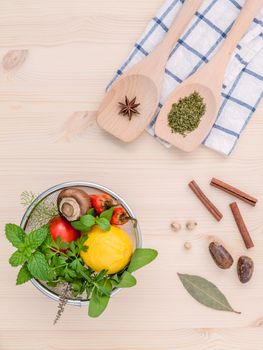 Fresh herbs and spices sage,rosemary,parsley,mint ,holy basil ,nutmeg,star anise ,cinnamon stick,oregano,thyme ,dill and chilli on wooden table. Top view with copy space.