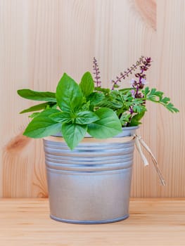 The fresh herbs from the garden set up in metal pot on white wooden background.