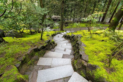 Granite Stone Steps with mossy green landscape at Japanese Garden during Spring Season