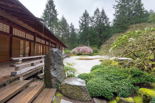 Japanese Garden Flat Garden by the Pavilion on a rainy day in Spring Season