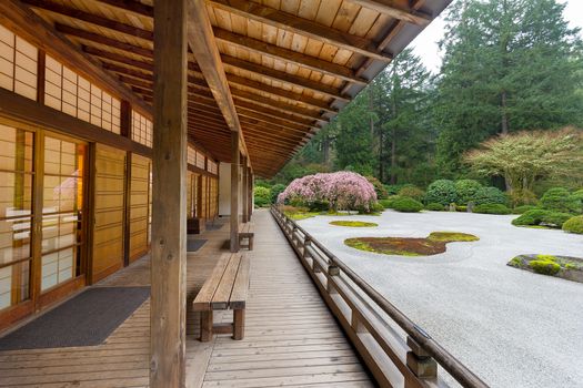 Pavilion by Flat Garden in Springtime at the Japanese Garden