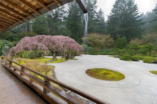 Rainy Day at the Flat Garden by the Pavilion at Japanese Garden in Spring Season