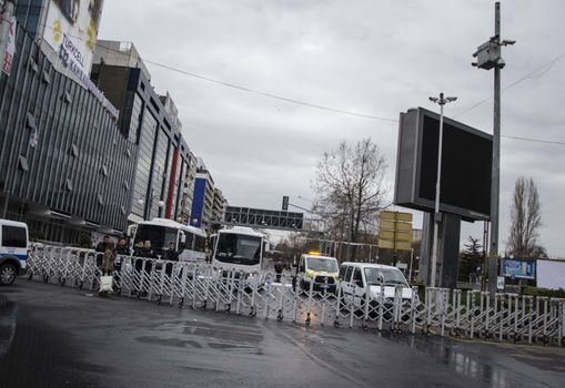 TURKEY, Ankara:  Major road in Guven Park is closed in the Kizilay district, a key transport hub of the Turkish capital city Ankara on March 14, 2016, one day after a car bomb exploded in Ankara  killing at least 32 people and wounding more than 100, according to the health ministry. On February 2016, a bomb attack claimed by a Kurdish militant group on a military convoy in Ankara killed 28 people and wounded dozens more. On October 2015, more than 100 people were killed in a double-suicide bombing at a Kurdish peace rally in Ankara. 
