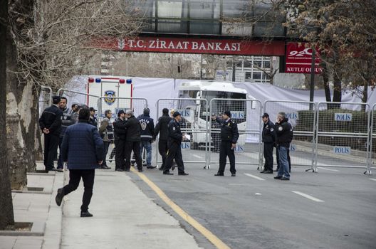 TURKEY, Ankara: Turkish policemen conduct searches in Guven Park area in the Kizilay district, a key transport hub of the Turkish capital city Ankara on March 14, 2016, one day after a car bomb exploded in Ankara  killing at least 32 people and wounding more than 100, according to the health ministry. On February 2016, a bomb attack claimed by a Kurdish militant group on a military convoy in Ankara killed 28 people and wounded dozens more. On October 2015, more than 100 people were killed in a double-suicide bombing at a Kurdish peace rally in Ankara. 