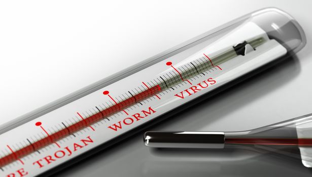 Thermometer with the text virus, worm and trojan over grey background. Concept image for illustration of infected computer, security and virus alert.