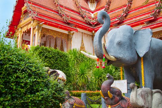 Phuket, Thailand - December 23, 2015: Thai Wat Chalong square with holy animals symbols