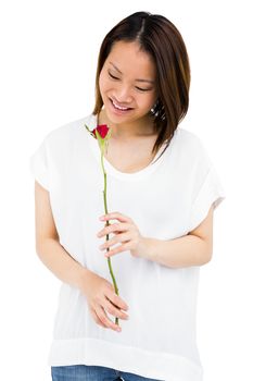Happy young woman holding rose on white background