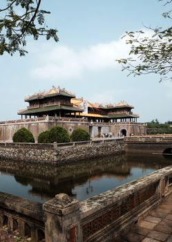 HUE, VIET NAM- FEB 19, 2016: Citadel, an culture heritage with Hoang Thanh (Imperial City),Tu Cam Thanh (Forbidden City), Dai Noi (Inner city), ngo mon (noon gate),  ancient architecture in Vietnam