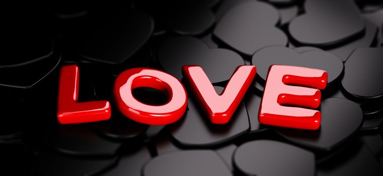 Word love over black hearts shapes background, 3D render for Valentine day card, horizontal image.