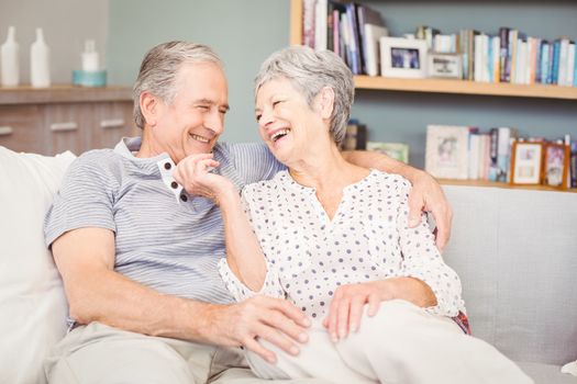 Romantic senior couple sitting on sofa in living room at home