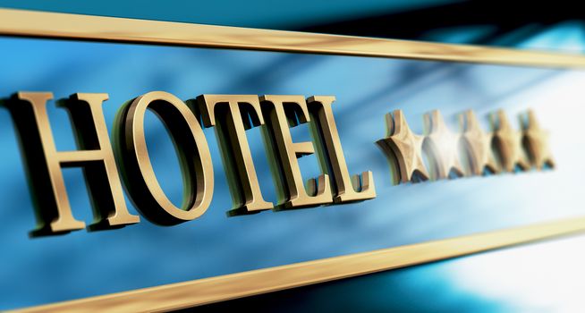 Five stars hotel sign written with golden letters over blue background. Horizontal image suitagle for header