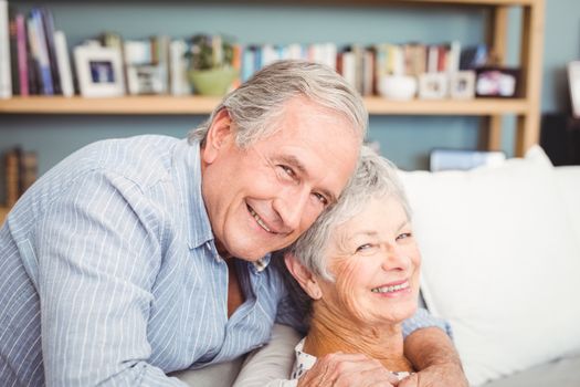 Portrait of romantic senior couple hugging at home