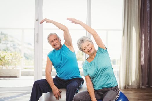 Portrait of happy senior couple performing exercise at home