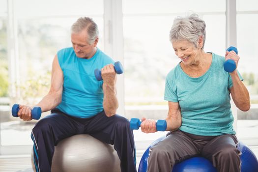 Smiling senior couple holding dumbbells while sitting on exercise ball at home