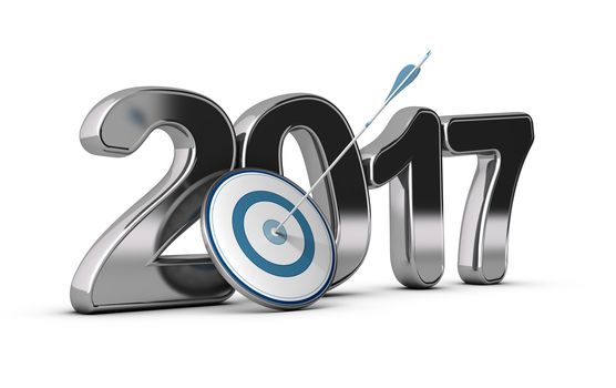 3D metallic Year 2017 with a target at the foreground with an arrow hitting the center, concept image for achieving business objectives in two thousand seventeen. 