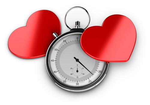 Speed dating concept or love at first sight symbol, Two hearts with a chronometer over white background