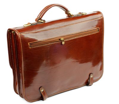 Ginger Shiny Leather Old Fashioned Briefcase with Gold Details and Zipper Pocket isolated on white background