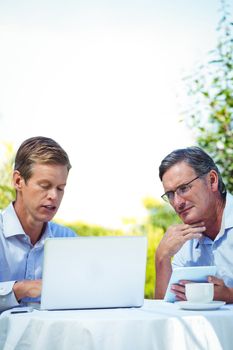 Two businessmen meeting in a restaurant using laptop in the garden
