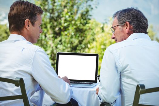 Two businessmen meeting in a restaurant using laptop in the garden