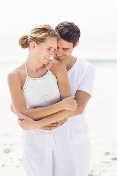 Young couple embracing on the beach on a sunny day