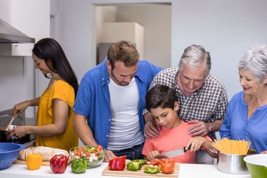 Happy family in the kitchen chopping vegetables at home