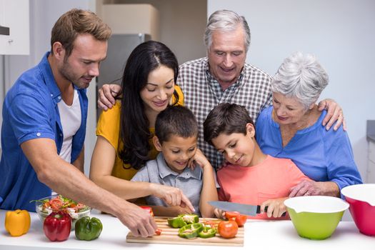 Happy family in the kitchen chopping vegetables at home