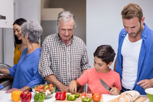 Happy family in the kitchen chopping vegetables at home