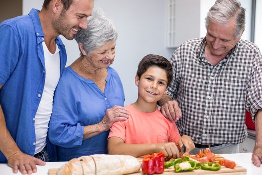 Happy family in the kitchen chopping vegetables at home