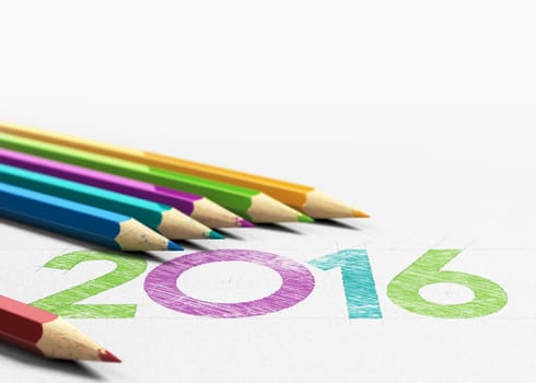 New year 2016 handwritten on a paper texture with six wooden pencils sourounding it. Concept image for greeting card design background.