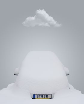 Car covered in snow with the word stuck writen on the license plate and a small cloud above