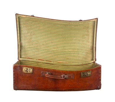 Twisted open vintage suitcase view from the front isolated on white background