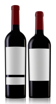 Two red wine bottles with caps and blank labels isolated on white background