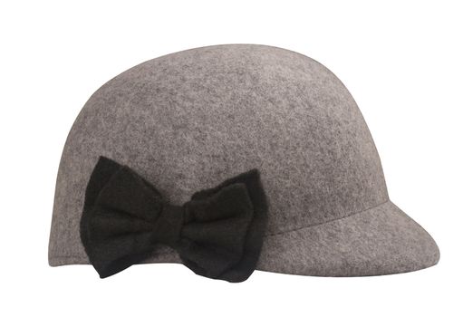 Grey wool riding hat with a black bow-knot isolated on white background