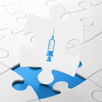 Healthcare concept: Syringe on White puzzle pieces background, 3d render