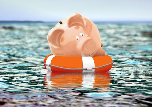 Piggy bank on buoy floating on water