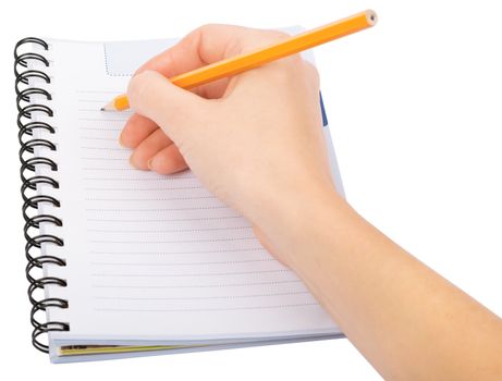 Hand writing in notebook on isolated white background