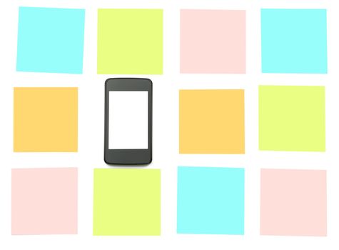 Smartphonewith blank screen and colorful stickers on white
