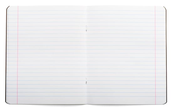Open notebook on isolated white background, closeup