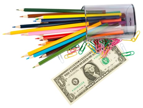 Cash with crayons and paper clips on white background