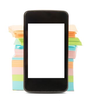 Smartphone with blank screen and stack of stickers on isolated white background