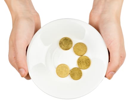 Female hands holding plate with coins on isolated white background